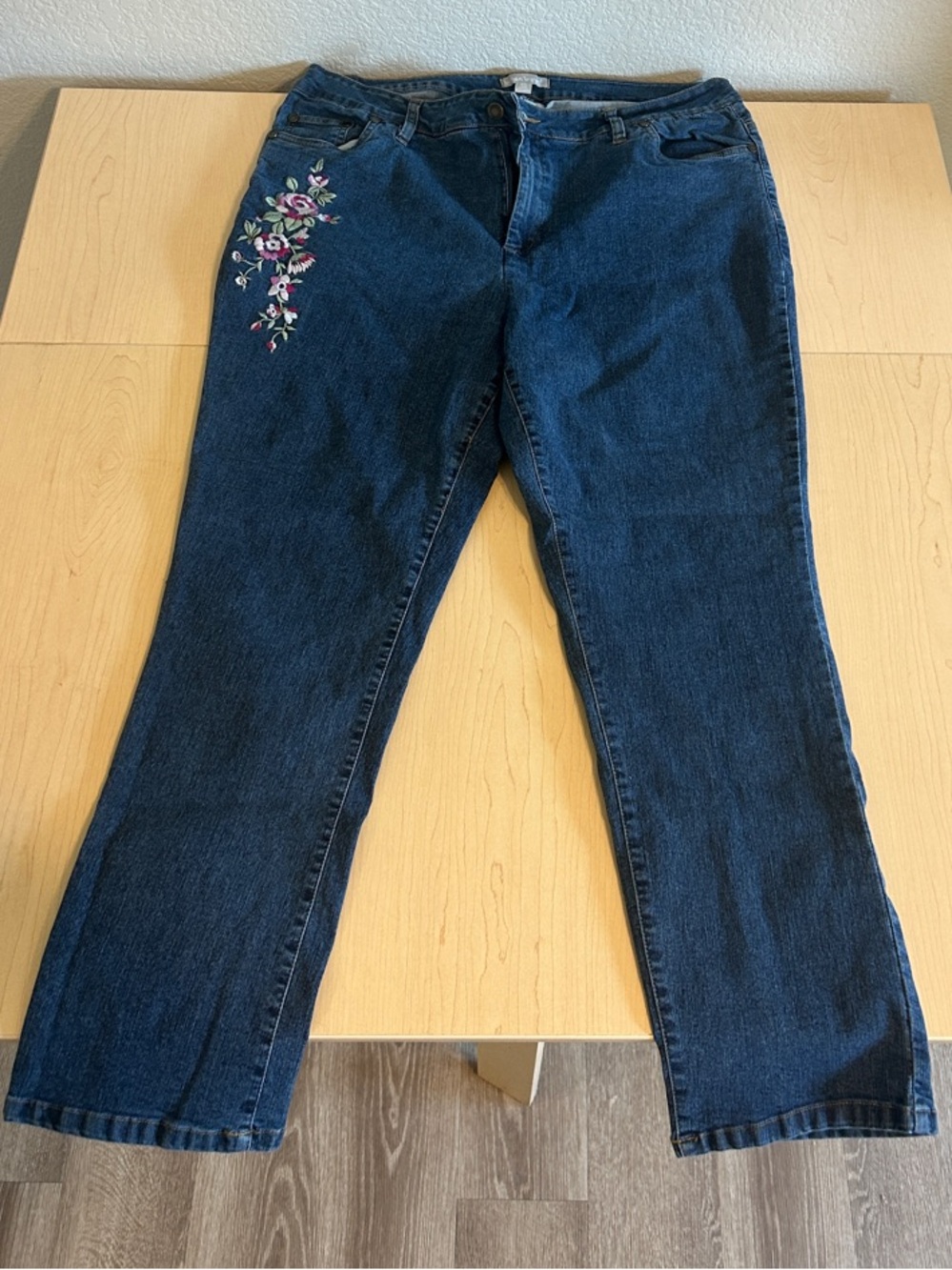 Woman Within Dark Blue Straight-Leg Jeans with Floral Embroidery 18W TALL